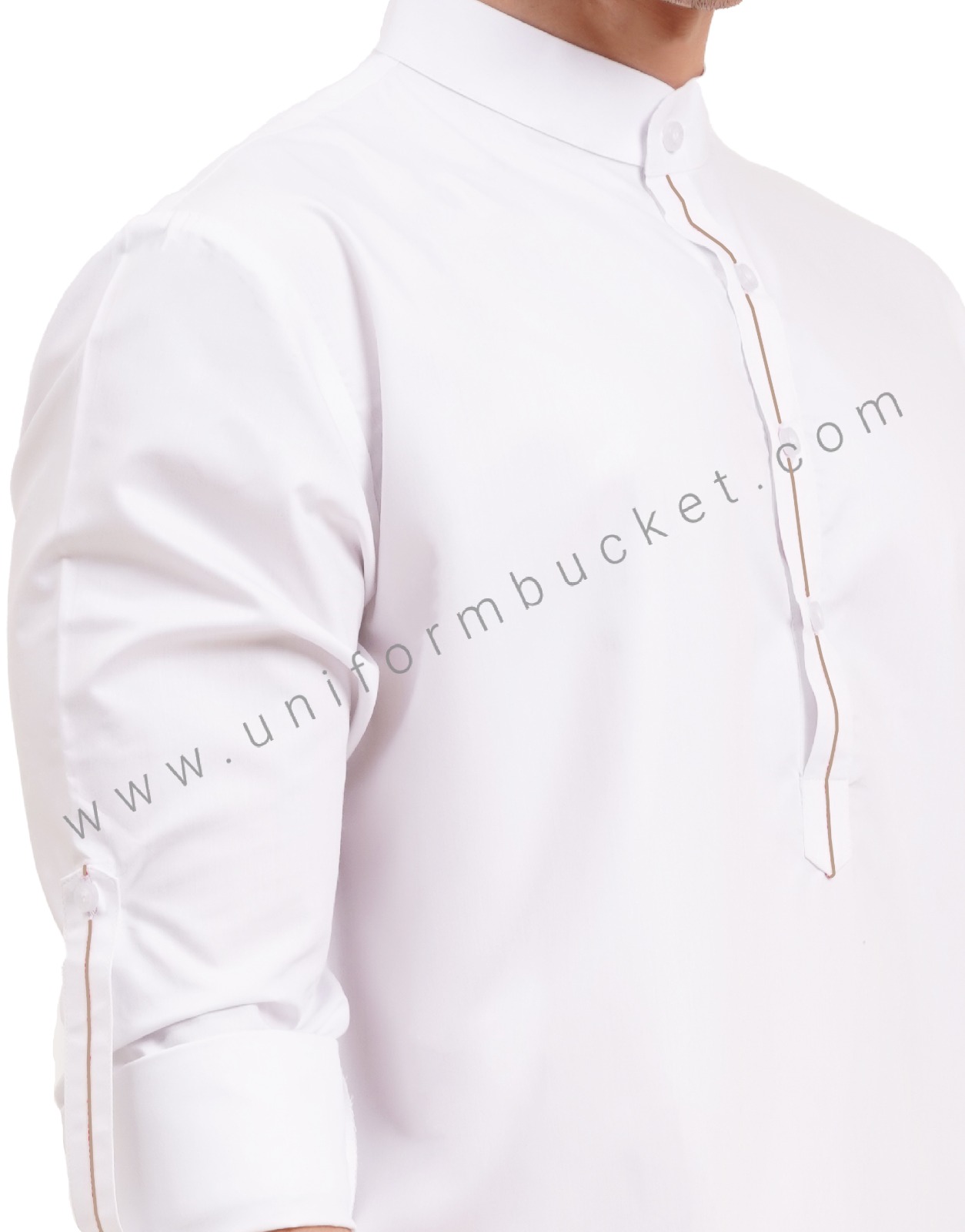 WHITE MALE LONG KURTI WITH BEIGE PIPING ON PLACKET thumbnail 5